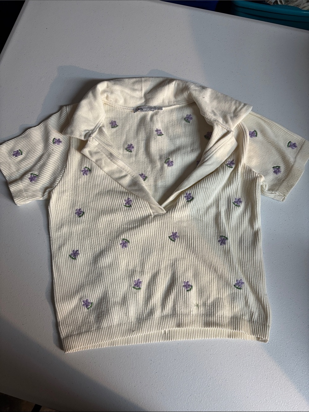 Zara Cream Ribbed Polo Top with Lavender Floral Embroidery